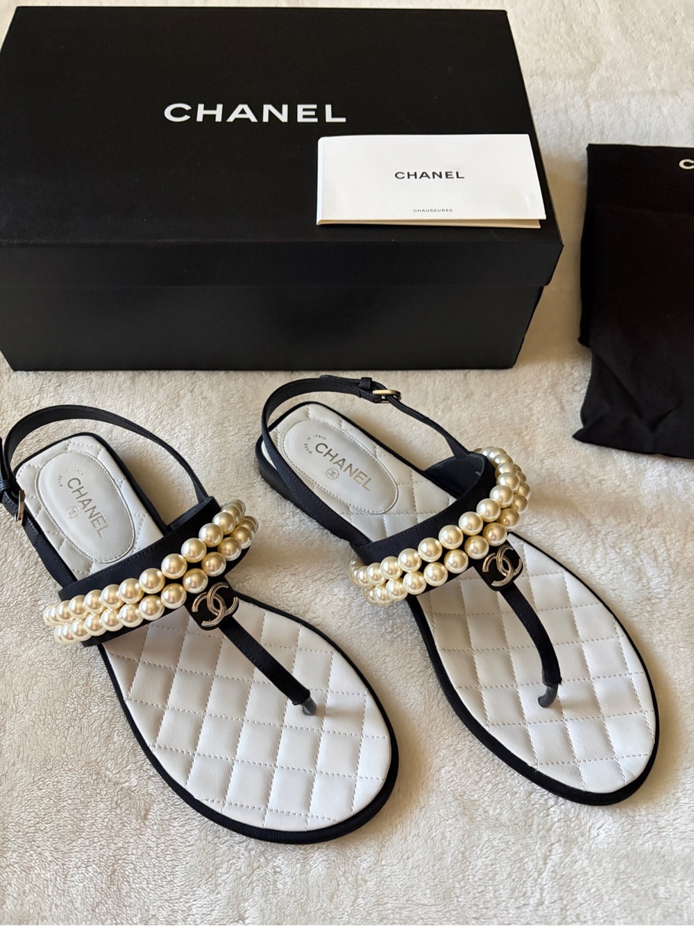 CHANEL Black and White Pearl-Embellished T-Strap Sandals